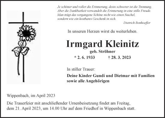 Traueranzeige von Irmgard Kleinitz von Kreis-Anzeiger