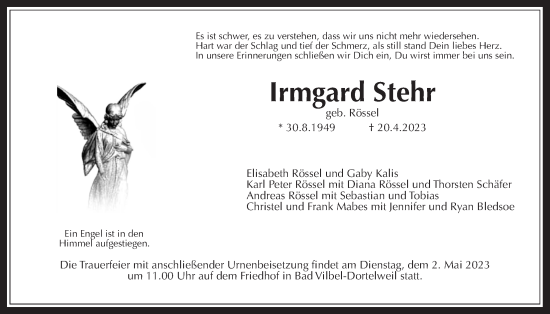 Traueranzeige von Irmgard Stehr von Wetterauer Zeitung
