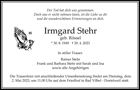 Traueranzeige von Irmgard Stehr von Bad Vilbel/Karben