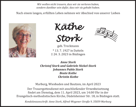 Traueranzeige von Käthe Stork von Kreis-Anzeiger