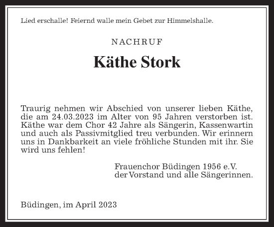 Traueranzeige von Käthe Stork von Kreis-Anzeiger