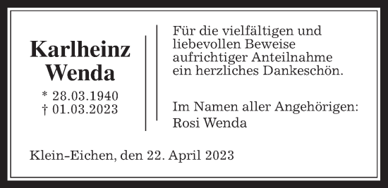 Traueranzeige von Karlheinz Wenda von Giessener Allgemeine, Alsfelder Allgemeine