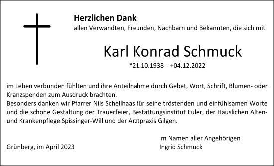 Traueranzeige von Karl Konrad Schmuck von Giessener Allgemeine, Alsfelder Allgemeine