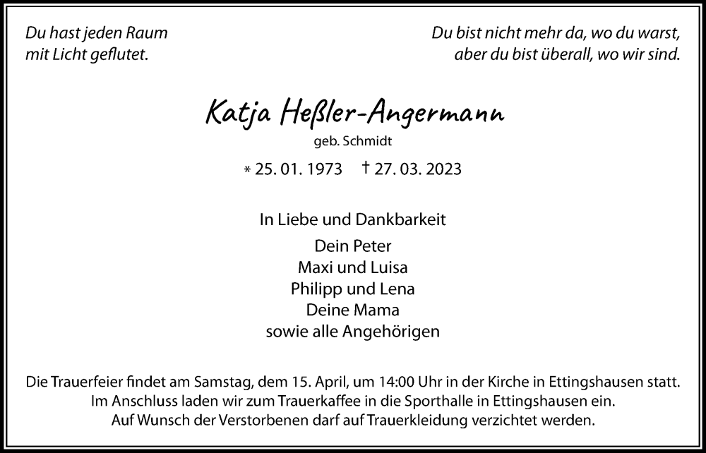  Traueranzeige für Katja Heßler-Angermann vom 05.04.2023 aus Laubacher Anzeiger