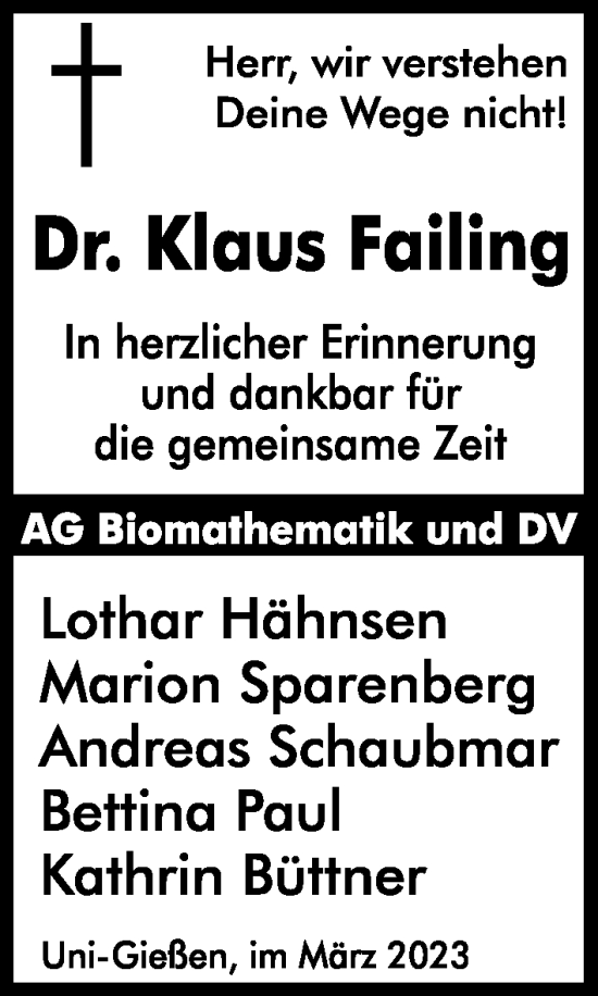 Traueranzeige von Klaus Failing von Giessener Anzeiger