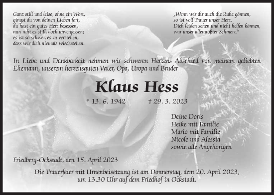 Traueranzeige von Klaus Hess von Wetterauer Zeitung
