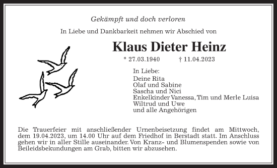 Traueranzeige von Klaus Dieter Heinz von Wetterauer Zeitung