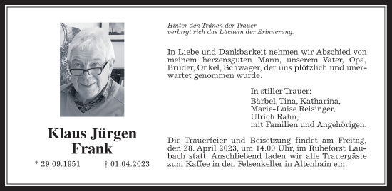 Traueranzeige von Klaus Jürgen Frank von Giessener Allgemeine, Alsfelder Allgemeine