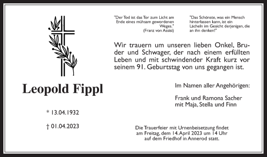 Traueranzeige von Leopold Fippl von Giessener Allgemeine, Alsfelder Allgemeine