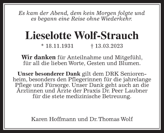 Traueranzeige von Lieselotte Wolf-Strauch von Kreis-Anzeiger