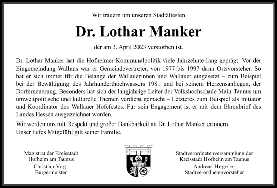 Traueranzeige von Lothar Manker 