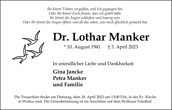Traueranzeige von Lothar Manker 