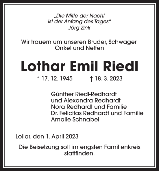 Traueranzeige von Lothar Emil Riedl von Giessener Anzeiger, Giessener Allgemeine, Alsfelder Allgemeine