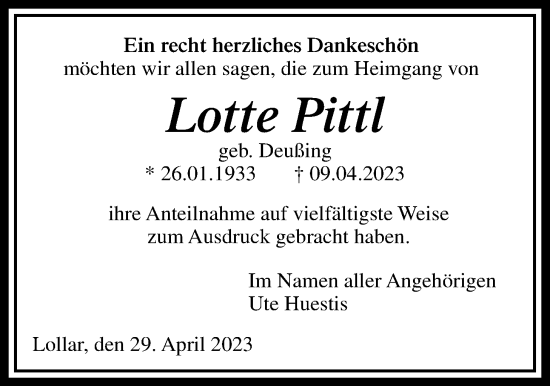 Traueranzeige von Lotte Pittl von Giessener Allgemeine, Alsfelder Allgemeine