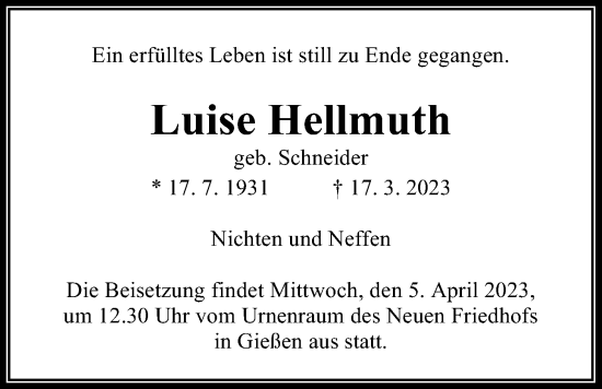 Traueranzeige von Luise Hellmuth von Giessener Anzeiger, Giessener Allgemeine, Alsfelder Allgemeine