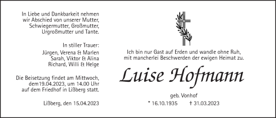 Traueranzeige von Luise Hofmann von Kreis-Anzeiger