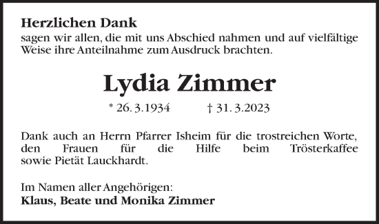 Traueranzeige von Lydia Zimmer von Kreis-Anzeiger