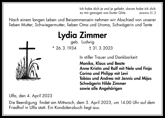 Traueranzeige von Lydia Zimmer von Kreis-Anzeiger