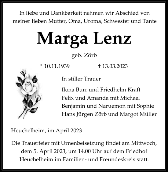 Traueranzeige von Marga Lenz von Giessener Allgemeine, Alsfelder Allgemeine