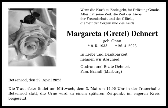 Traueranzeige von Margareta Dehnert von Kreis-Anzeiger
