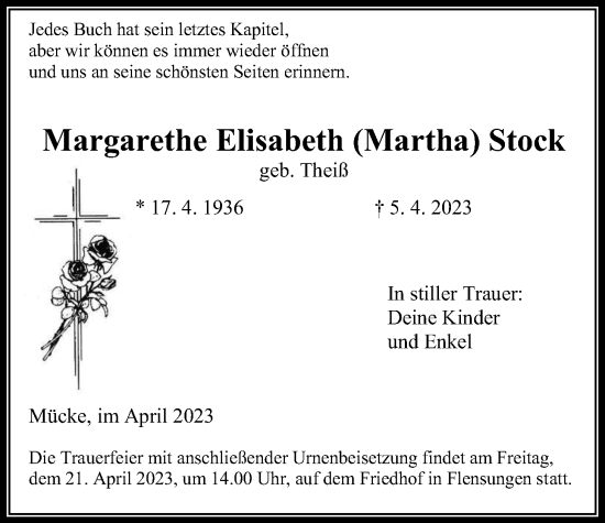 Traueranzeige von Margarethe Elisabeth Stock von Alsfelder Allgemeine, Mücker Stimme