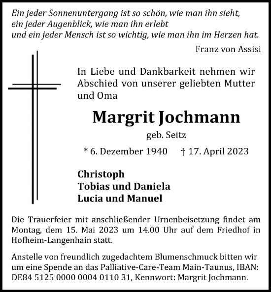 Traueranzeige von Margrit Jochmann 