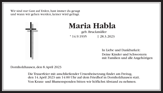 Traueranzeige von Maria Habla von Giessener Allgemeine, Alsfelder Allgemeine