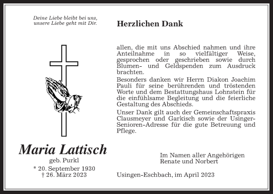 Traueranzeige von Maria Lattisch von Usinger Anzeiger, 