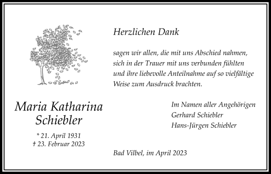 Traueranzeige von Maria Katharina Schiebler von Bad Vilbel/Karben