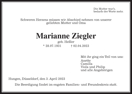 Traueranzeige von Marianne Ziegler von Giessener Allgemeine, Alsfelder Allgemeine