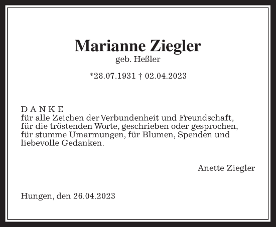 Traueranzeige von Marianne Ziegler von Giessener Allgemeine, Alsfelder Allgemeine