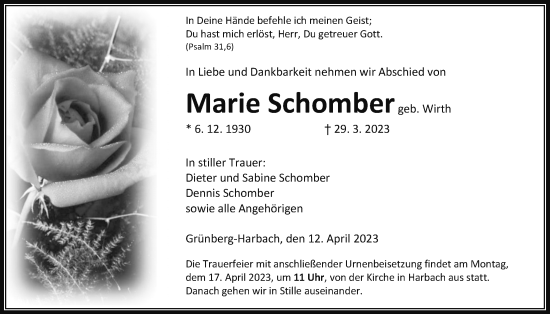 Traueranzeige von Marie Schomber von Giessener Anzeiger, Giessener Allgemeine, Alsfelder Allgemeine