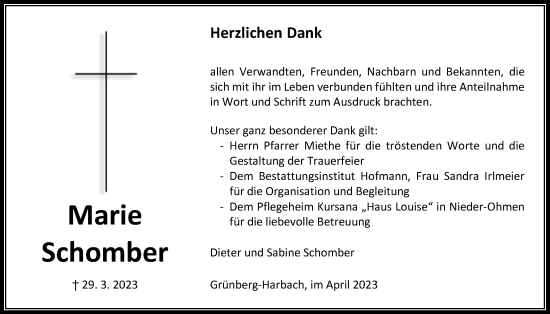 Traueranzeige von Marie Schomber von Giessener Allgemeine, Alsfelder Allgemeine, Giessener Anzeiger