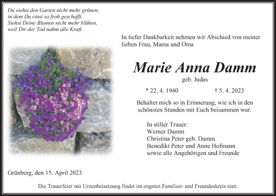 Traueranzeige von Marie Anna Damm von Giessener Allgemeine, Alsfelder Allgemeine