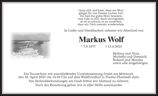 Traueranzeige von Markus Wolf von Wetterauer Zeitung