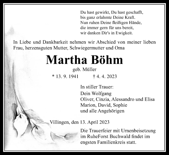 Traueranzeige von Martha Böhm von Licher Wochenblatt