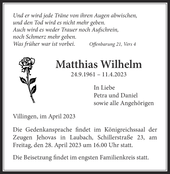 Traueranzeige von Matthias Wilhelm von Licher Wochenblatt
