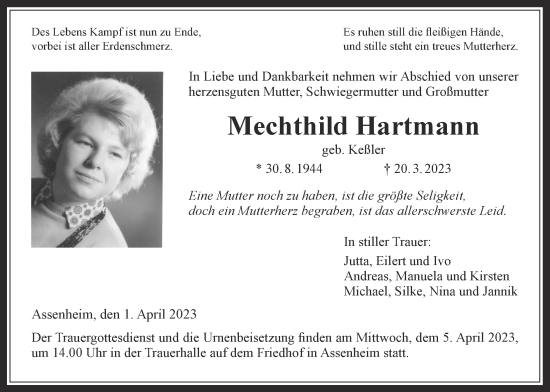 Traueranzeige von Mechthild Hartmann von Wetterauer Zeitung