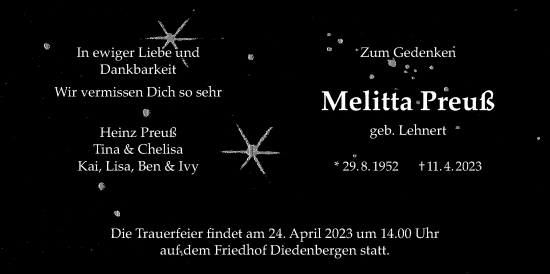 Traueranzeige von Melitta Preuß 