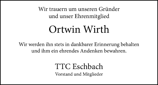 Traueranzeige von Ortwin Wirth von Usinger Anzeiger