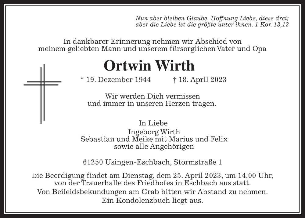  Traueranzeige für Ortwin Wirth vom 22.04.2023 aus Usinger Anzeiger