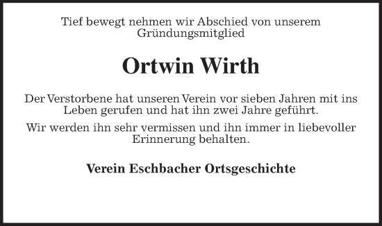 Traueranzeige von Ortwin Wirth von Usinger Anzeiger