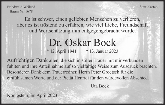 Traueranzeige von Oskar Bock von Usinger Anzeiger