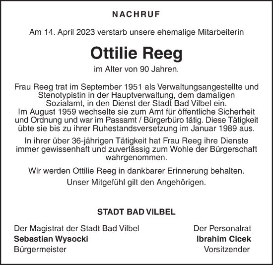 Traueranzeige von Ottilie Reeg von Bad Vilbel/Karben