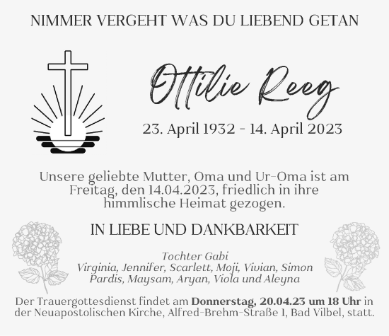 Traueranzeige von Ottilie Reeg von Bad Vilbel/Karben