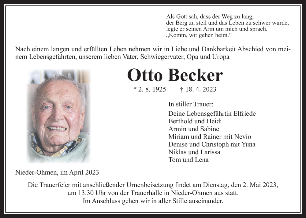  Traueranzeige für Otto Becker vom 27.04.2023 aus Alsfelder Allgemeine, Mücker Stimme