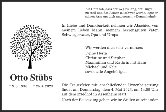 Traueranzeige von Otto Stübs von Wetterauer Zeitung