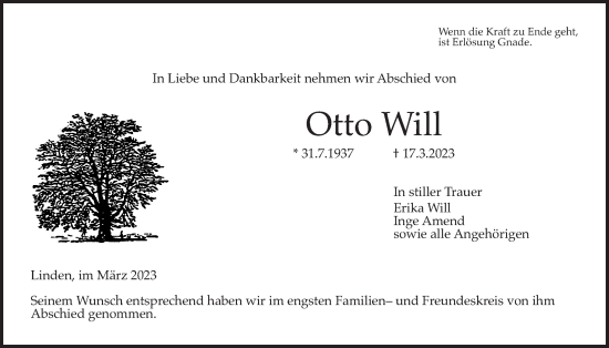 Traueranzeige von Otto Will von Giessener Anzeiger, Giessener Allgemeine, Alsfelder Allgemeine