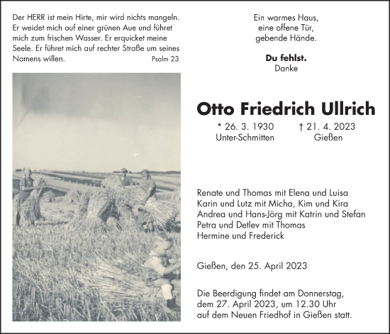 Traueranzeige von Otto Friedrich Ullrich von Giessener Allgemeine, Alsfelder Allgemeine, Giessener Anzeiger