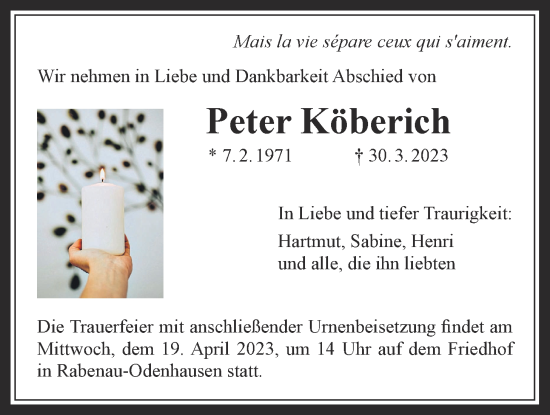 Traueranzeige von Peter Köberich von Rabenauer Zeitung